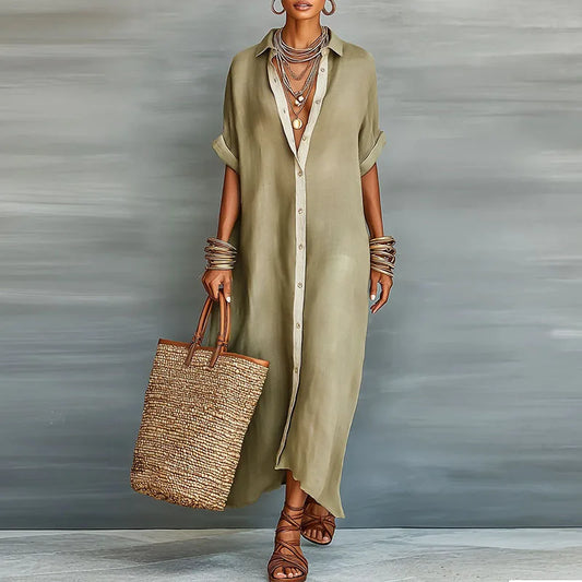 Abito Chemisier Lungo Donna in Lino — vista frontale