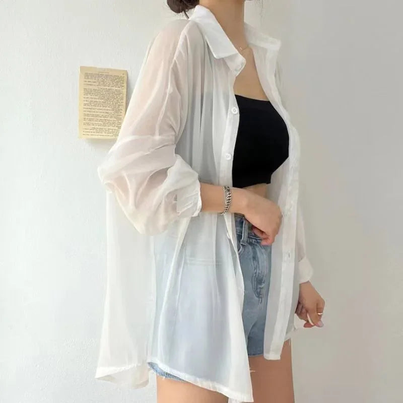 Camicia Donna Estiva Oversize Trasparente Tinta Unita Casual