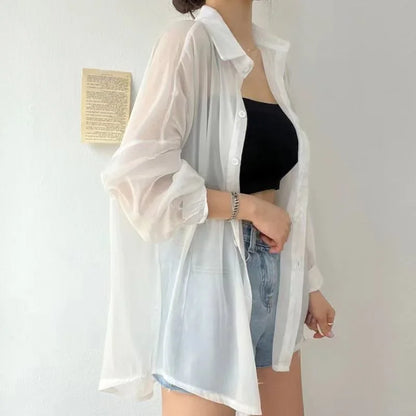 Camicia Donna Estiva Oversize Trasparente Tinta Unita Casual