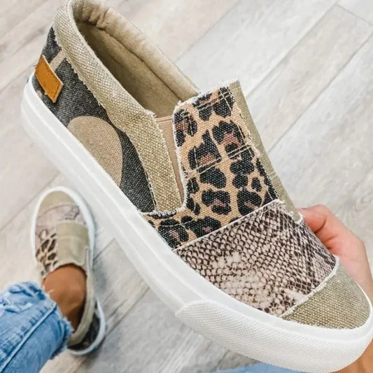 Sneakers Donna Comode Slip-On Platform in Tela Animalier