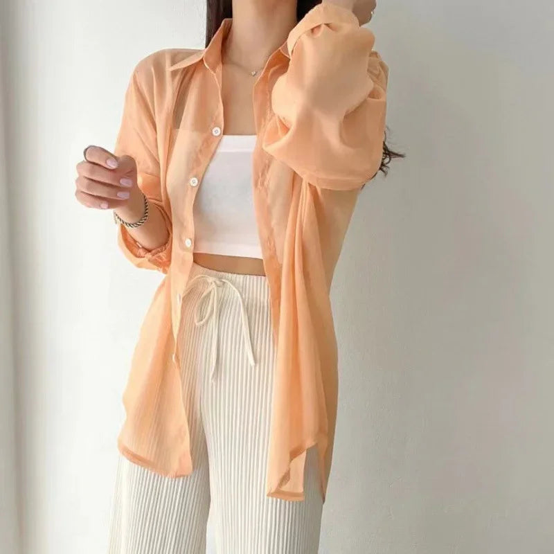 Camicia Donna Estiva Oversize Trasparente Tinta Unita Casual