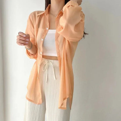Camicia Donna Estiva Oversize Trasparente Tinta Unita Casual