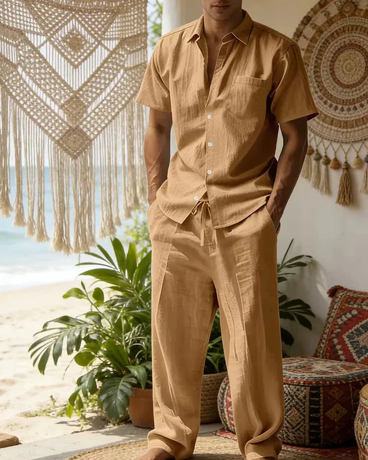 Green Men's Summer Set Short Sleeve Shirt Wide Leg Trousers — Lino Conti