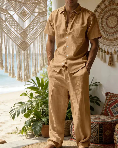 Green Men's Summer Set Short Sleeve Shirt Wide Leg Trousers — Lino Conti