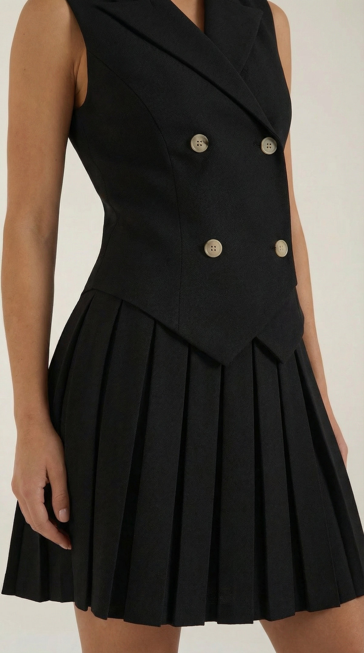 Abito Blazer Donna Corto con Gonna Plissé e Bottoni Dorati