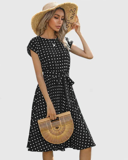 Abito Midi Donna a Pois con Maniche Corte e Laccio in Vita