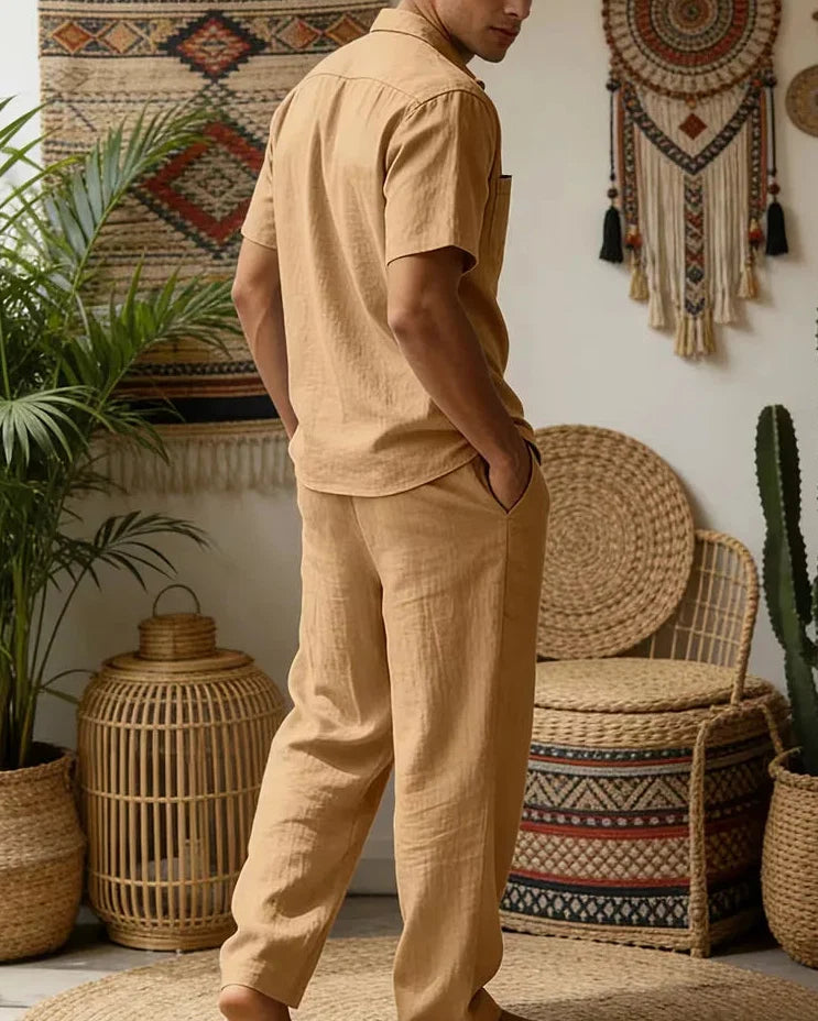 Green Men's Summer Set Short Sleeve Shirt Wide Leg Trousers — Lino Conti