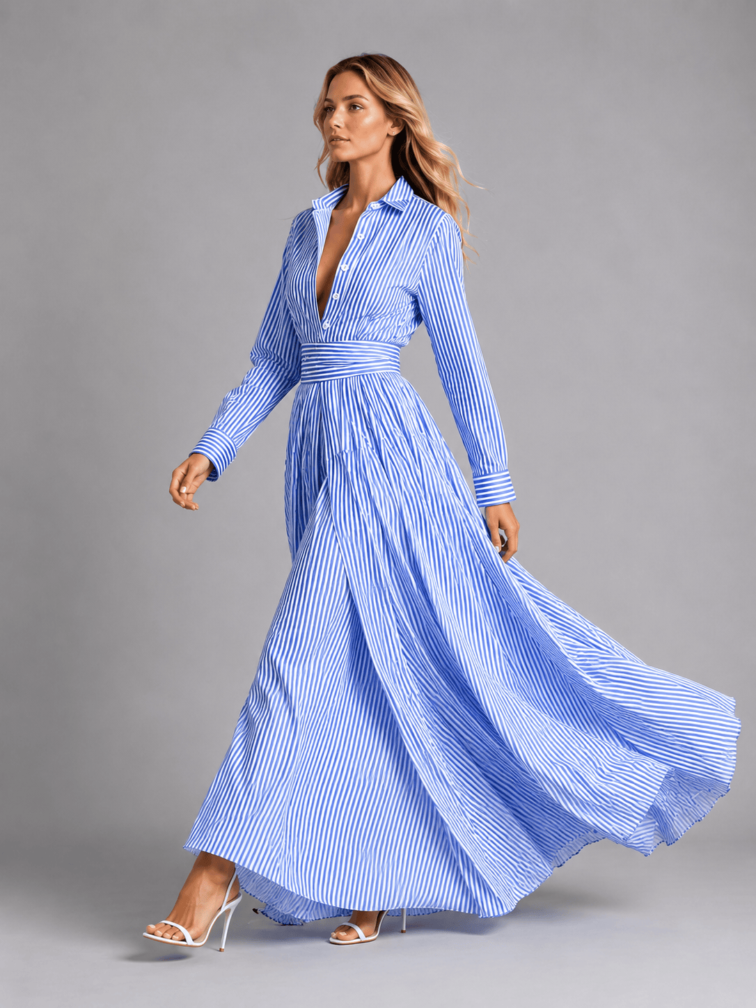 Abito Chemisier Lungo Donna a Righe Blu e Bianche con Bottoni
