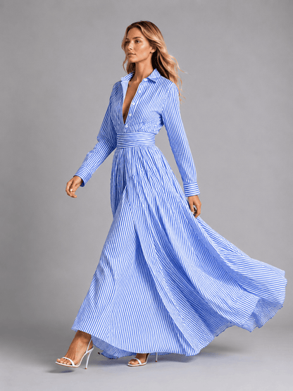 Abito Chemisier Lungo Donna a Righe Blu e Bianche con Bottoni