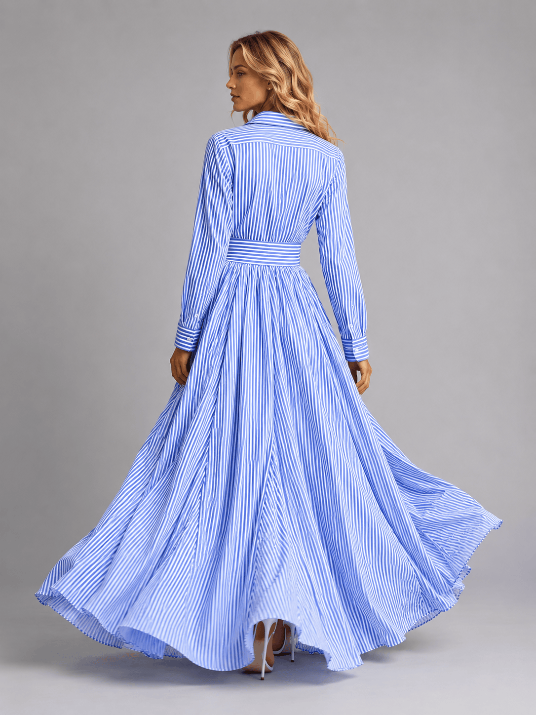Abito Chemisier Lungo Donna a Righe Blu e Bianche con Bottoni