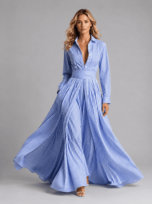 Abito Chemisier Lungo Donna a Righe Blu e Bianche con Bottoni
