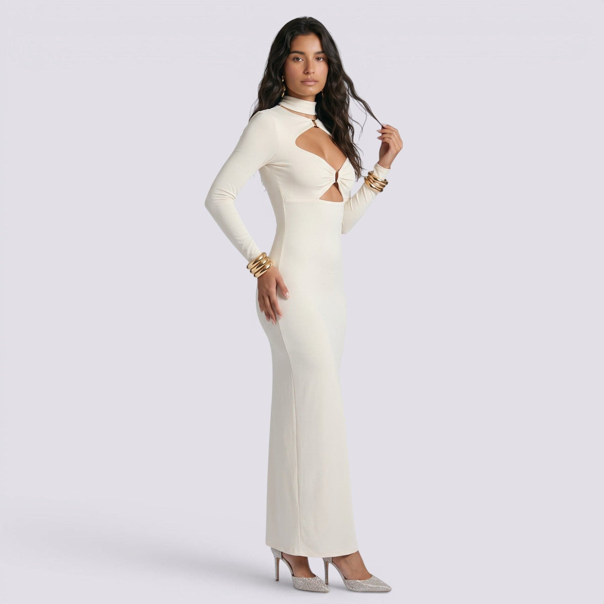Abito Lungo Donna Bianco Aderente con Dettagli Cut-Out
