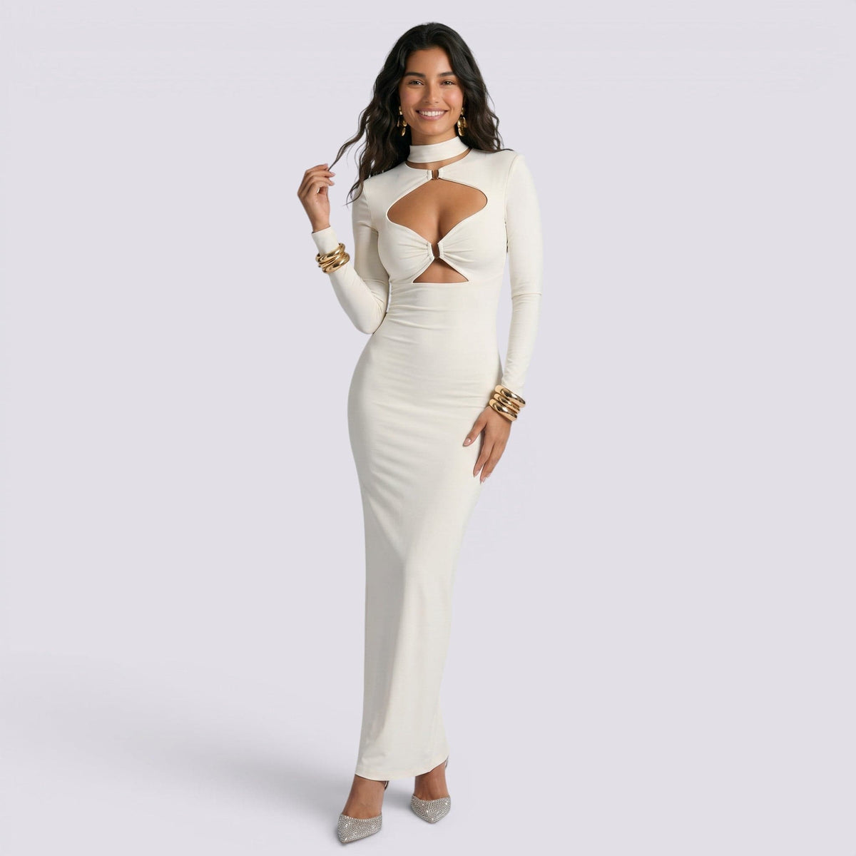Abito Lungo Donna Bianco Aderente con Dettagli Cut-Out