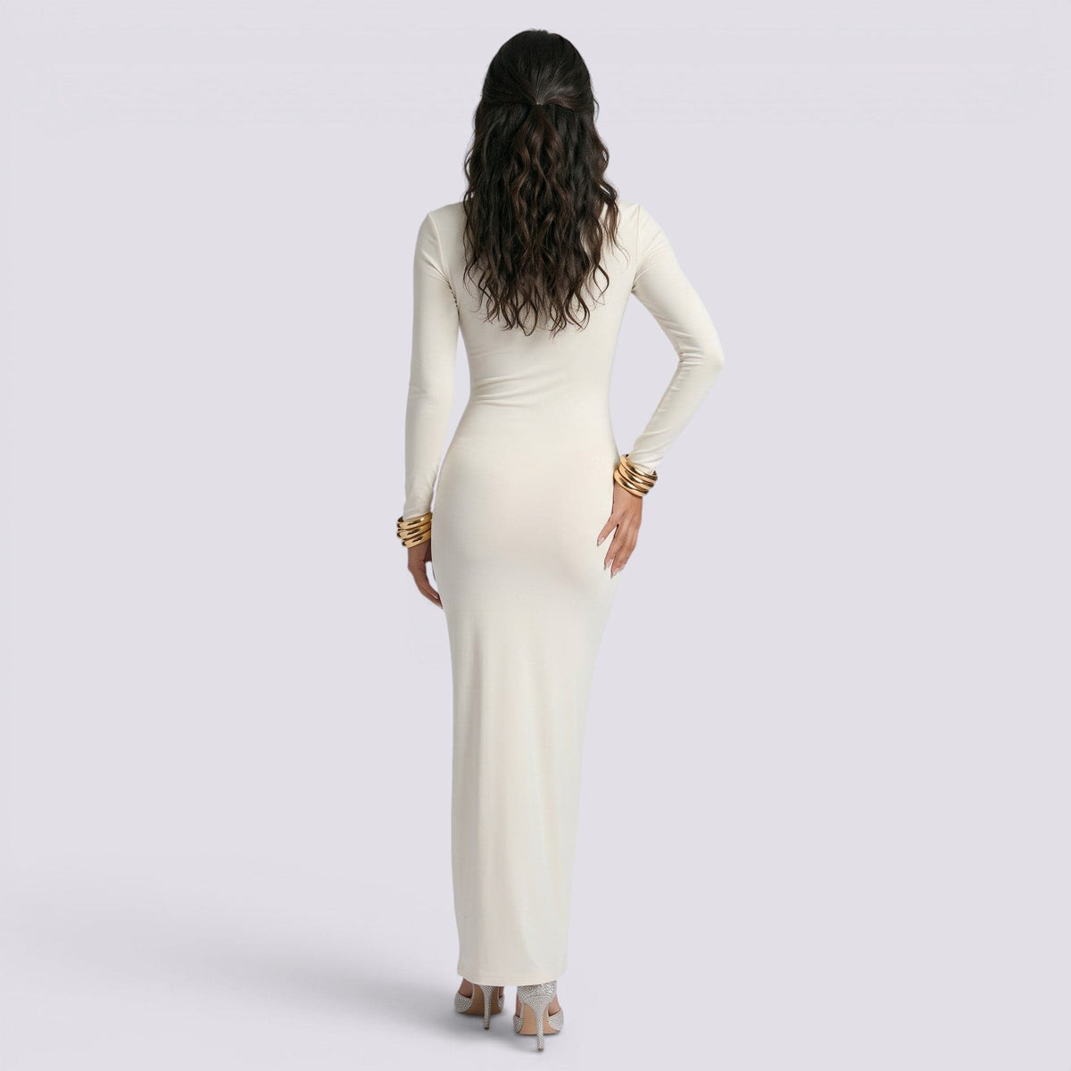 Abito Lungo Donna Bianco Aderente con Dettagli Cut-Out