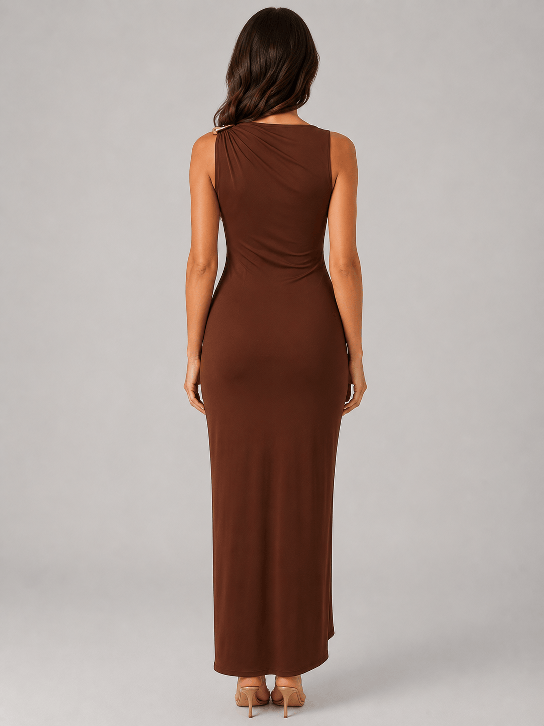 Abito Lungo Donna Marrone Drappeggiato, Collo Alto, Elegante