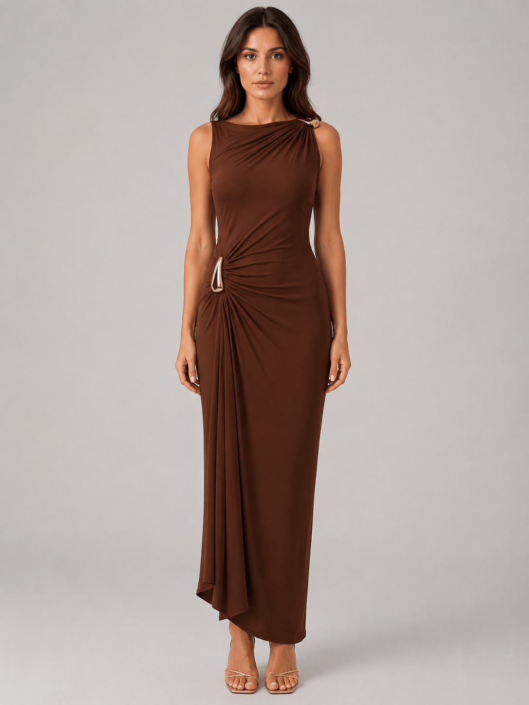 Abito Lungo Donna Marrone Drappeggiato, Collo Alto, Elegante