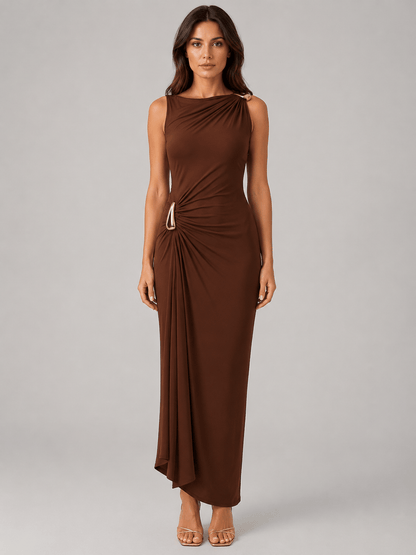 Abito Lungo Donna Marrone Drappeggiato, Collo Alto, Elegante