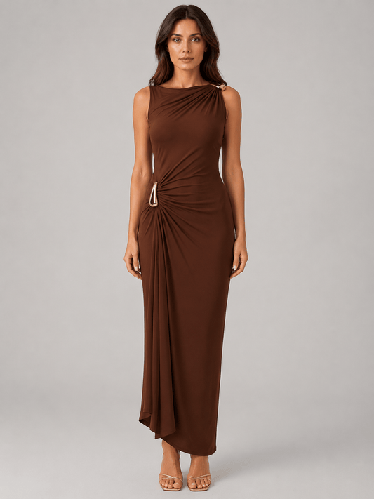 Abito Lungo Donna Marrone Drappeggiato, Collo Alto, Elegante