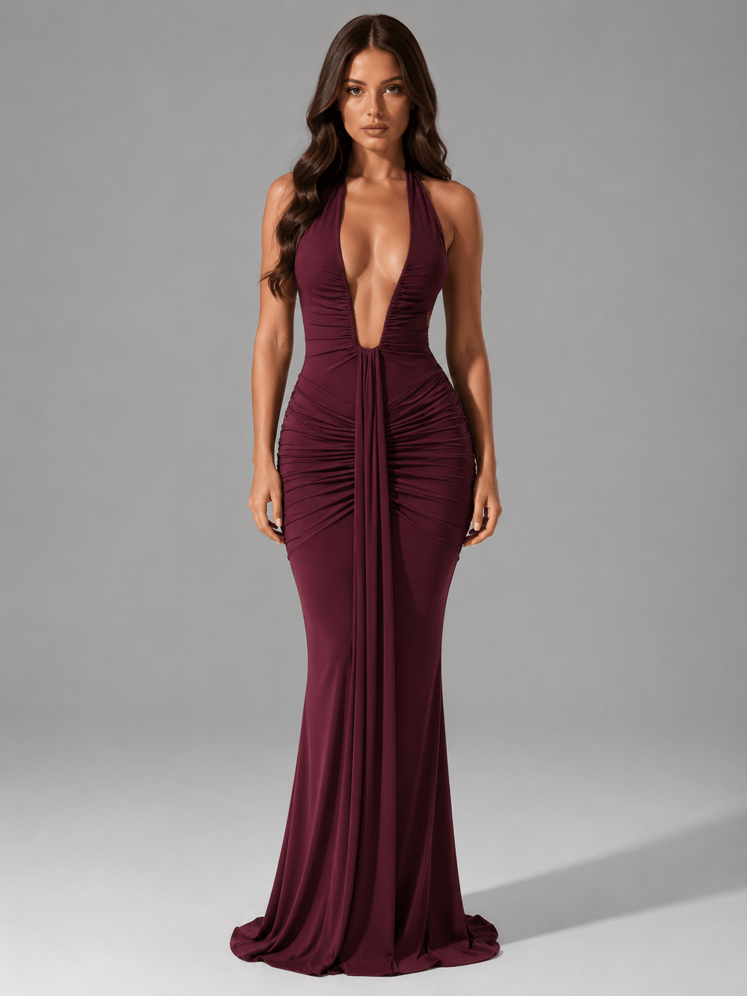 Abito Lungo Donna Sera Halter, Aderente, Arricciato, Formale