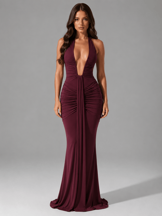 Abito Lungo Donna Sera Halter, Aderente, Arricciato, Formale