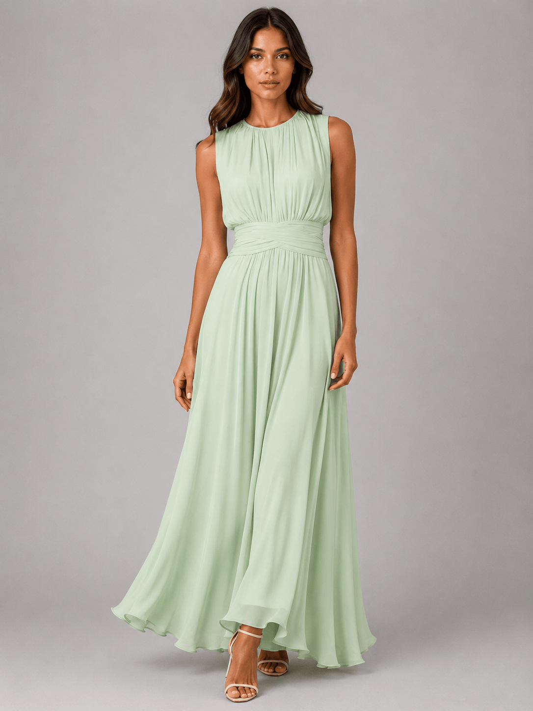 Abito Lungo in Chiffon Fluido con Collo Alto