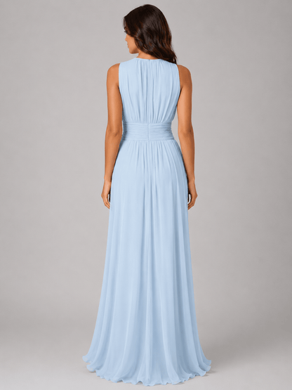 Abito Lungo in Chiffon Fluido con Collo Alto