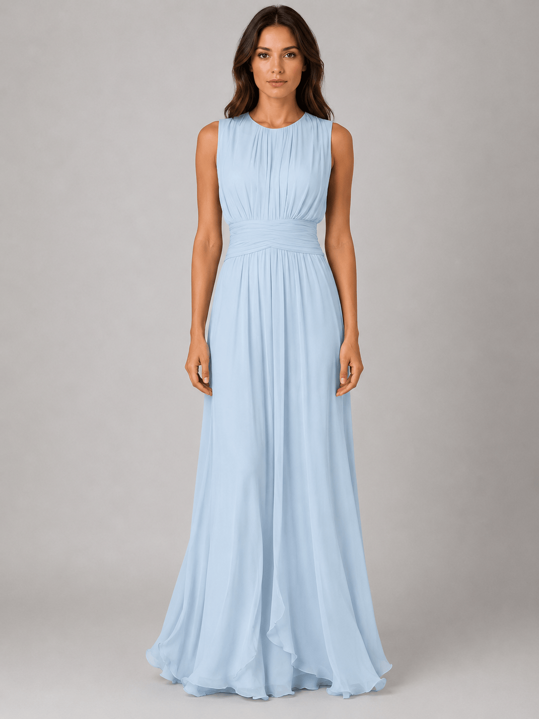 Abito Lungo in Chiffon Fluido con Collo Alto