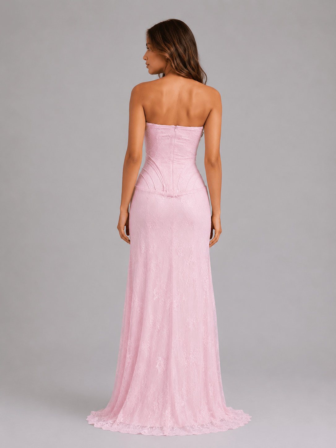 Abito Lungo Rosa in Pizzo con Corsetto e Spacco Alto