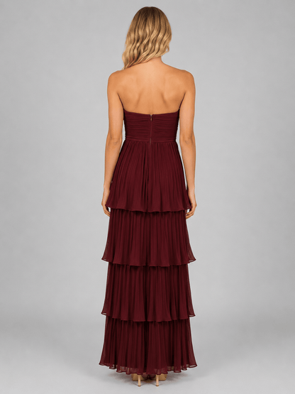 Abito Lungo Donna Bordeaux Autunnale, Senza Spalline, Balze