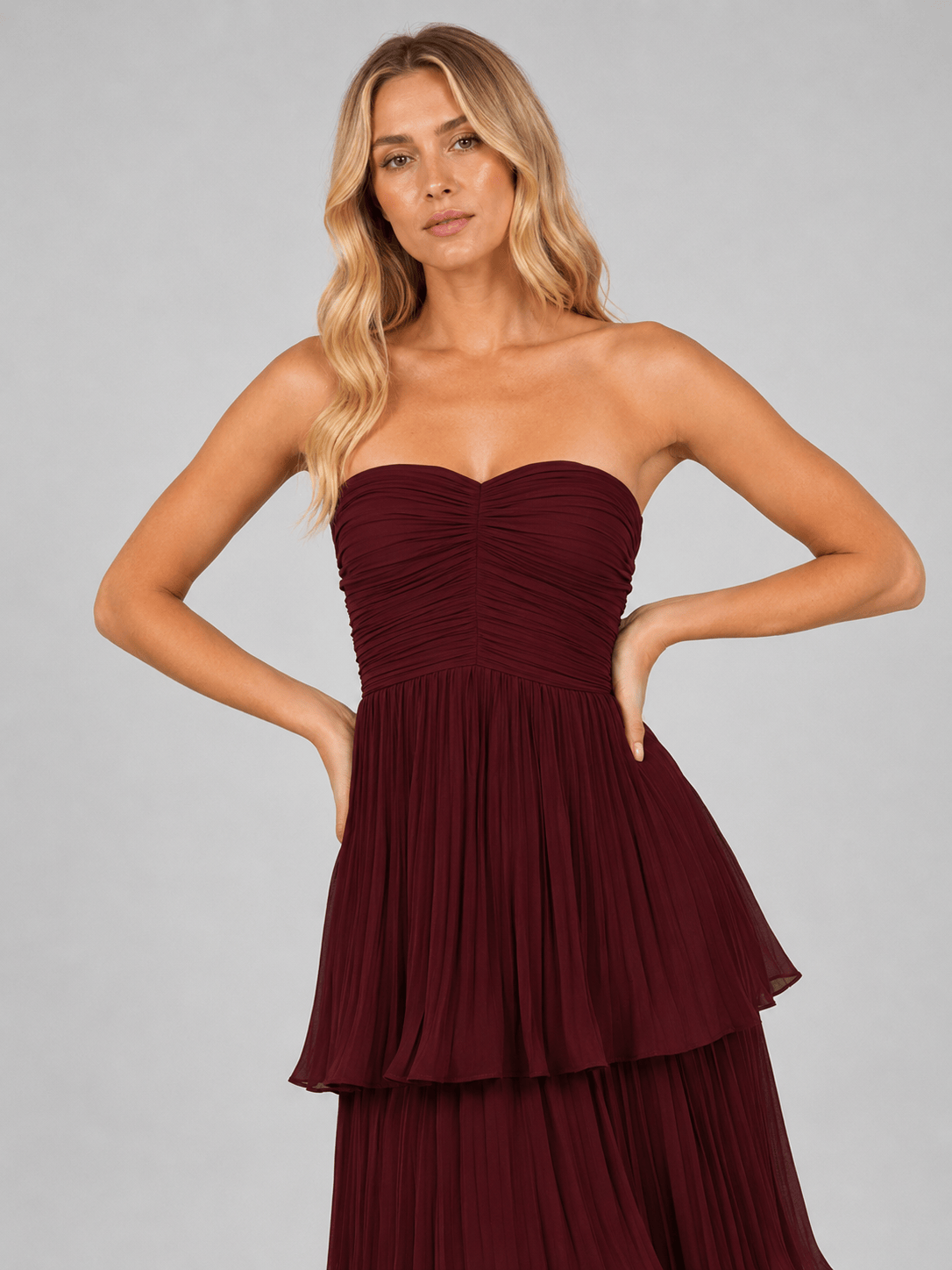 Abito Lungo Donna Bordeaux Autunnale, Senza Spalline, Balze