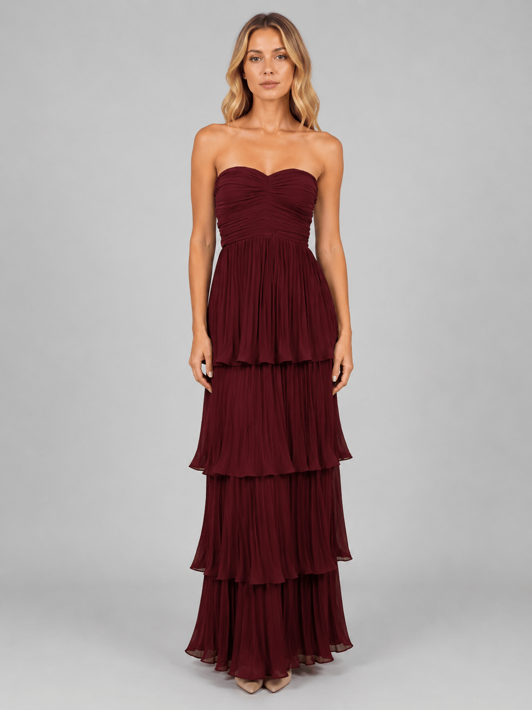Abito Lungo Donna Bordeaux Autunnale, Senza Spalline, Balze