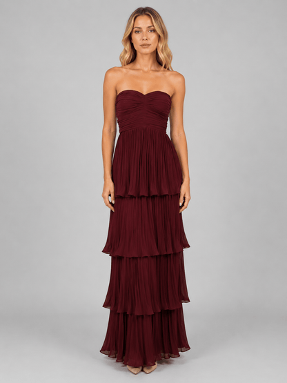 Abito Lungo Donna Bordeaux Autunnale, Senza Spalline, Balze