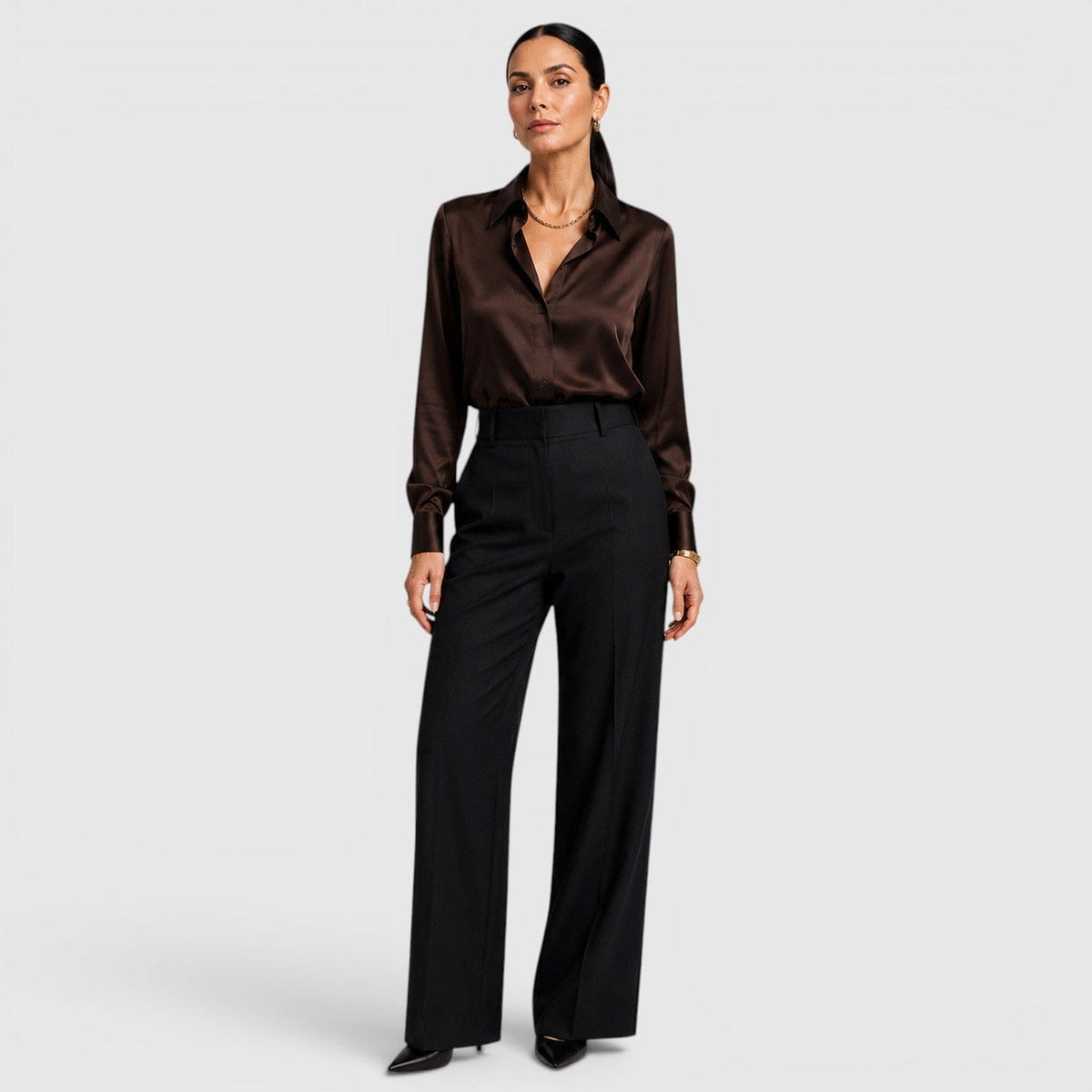 Blusa Donna in Raso Elegante a Maniche Lunghe