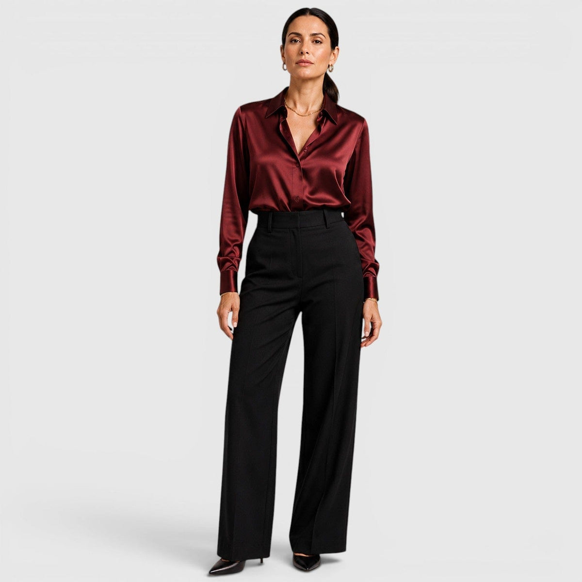 Blusa Donna in Raso Elegante a Maniche Lunghe