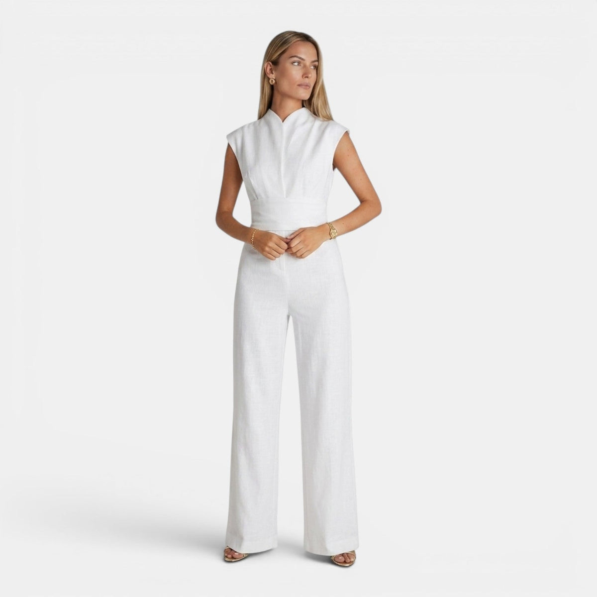 Tuta intera donna elegante con scollo a V e drappeggio fluido
