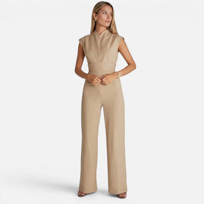 Tuta intera donna elegante con scollo a V e drappeggio fluido