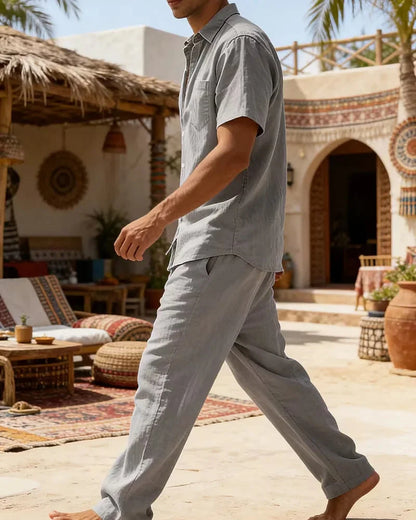 Grey Men's Summer Set Short Sleeve Shirt Wide Leg Trousers — Lino Conti