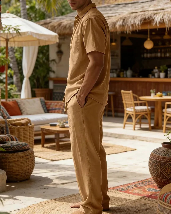 Green Men's Summer Set Short Sleeve Shirt Wide Leg Trousers — Lino Conti