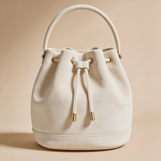 Borsa a Secchiello Savellini Luna in Camoscio Vegano — Avorio, borsa da donna in materiale vegano.