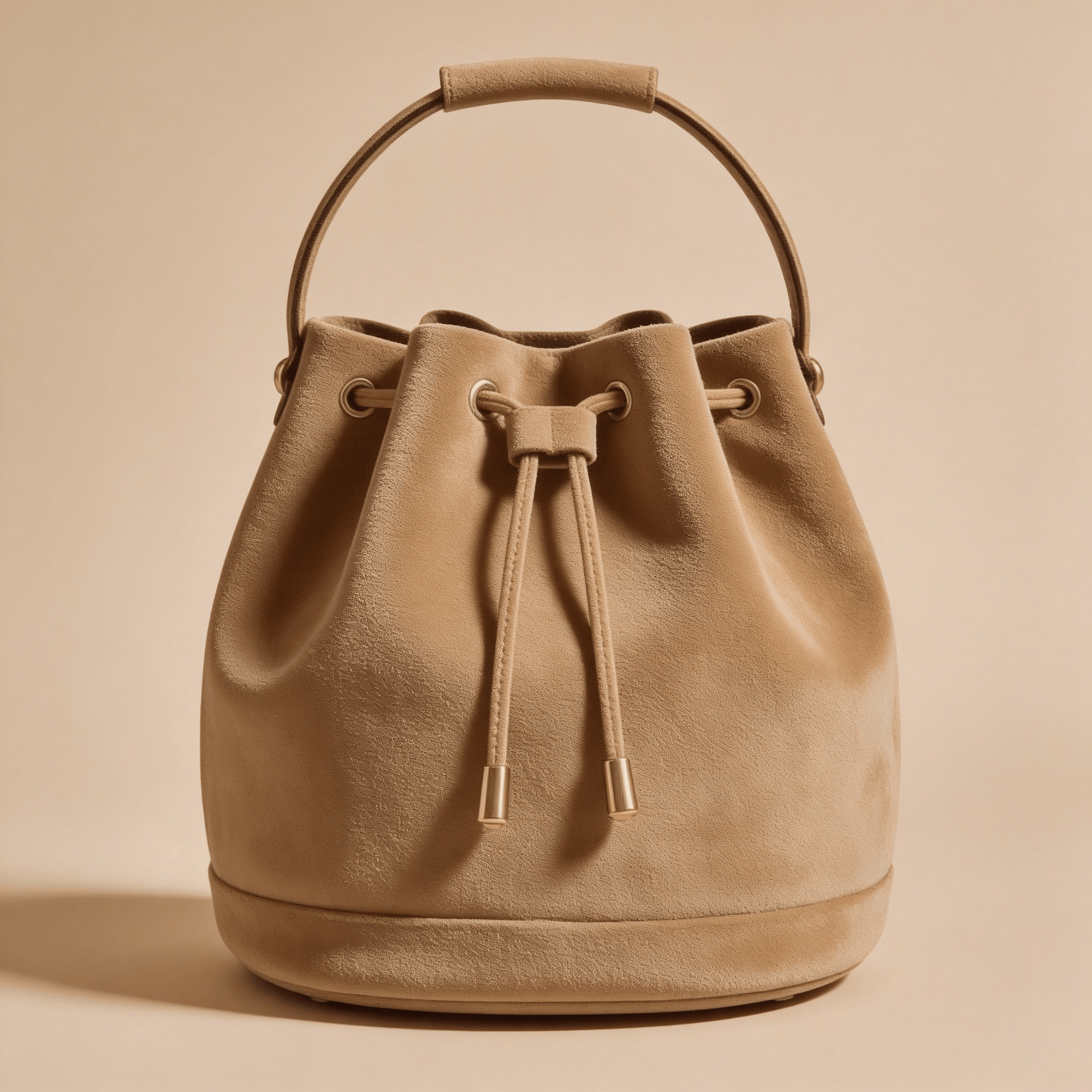 Borsa a Secchiello Savellini Luna in Camoscio Vegano — Beige Tabacco, borsa da donna in materiale vegano.