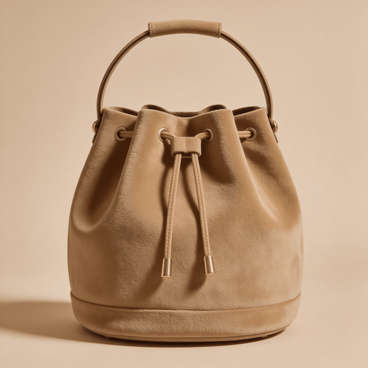 Borsa a Secchiello Savellini Luna in Camoscio Vegano — Beige Tabacco, borsa da donna in materiale vegano.