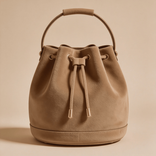 Borsa a Secchiello Savellini Luna in Camoscio Vegano — Marrone Torrone, borsa da donna in materiale vegano.
