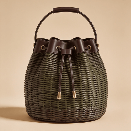 Borsa a Secchiello Savellini Luna in Vimini — Marrone Sottobosco, borsa da donna in materiale vegano.