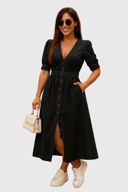 Abito Midi Donna con Scollo a V, Bottoni e Vita Arricciata
