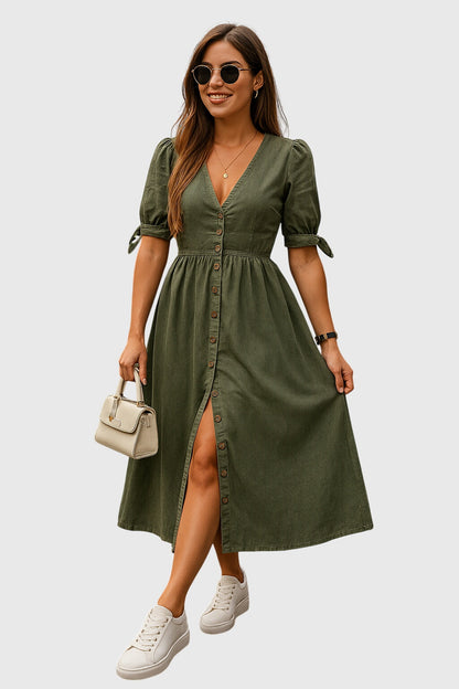 Abito Midi Donna con Scollo a V, Bottoni e Vita Arricciata