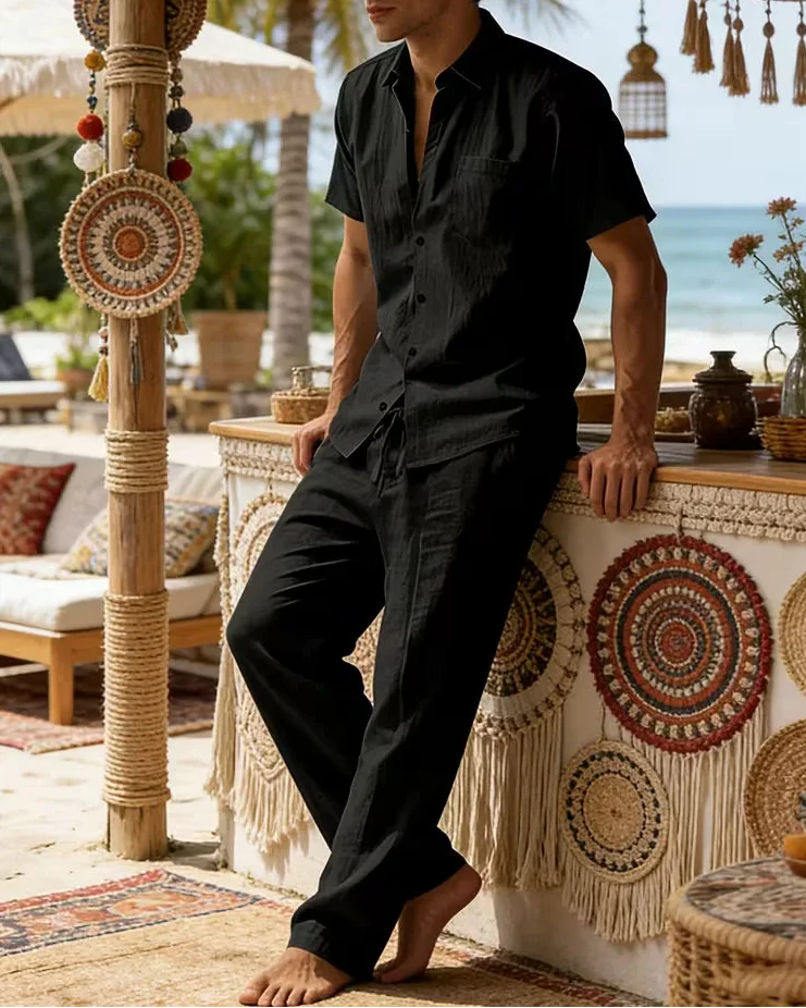 Grey Men's Summer Set Short Sleeve Shirt Wide Leg Trousers — Lino Conti