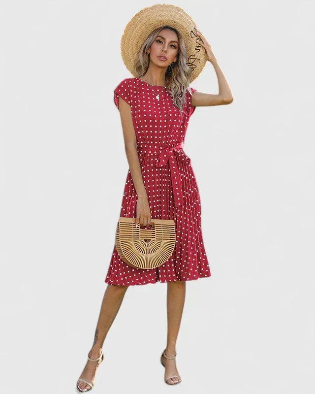 Abito Midi Donna a Pois con Maniche Corte e Laccio in Vita