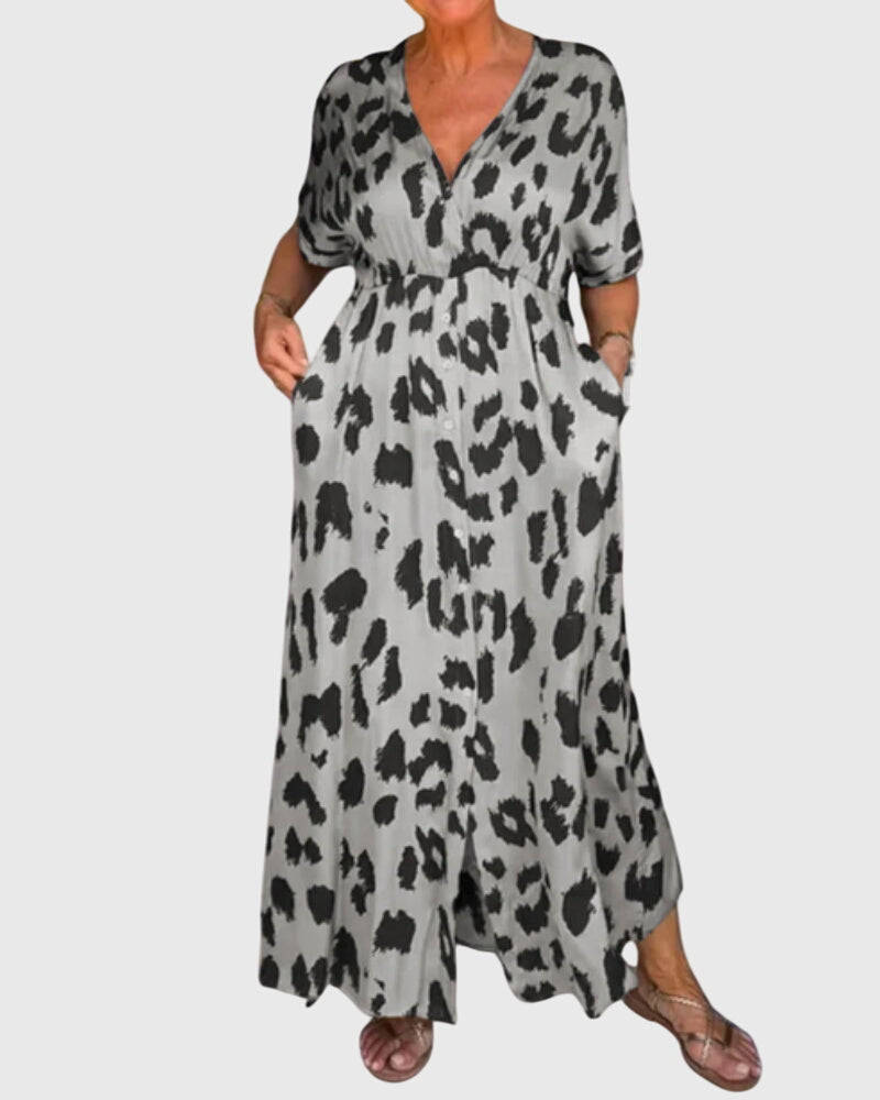 Vestito Lungo Animalier Donna con Scollo a V e Tasche