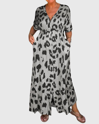 Vestito Lungo Animalier Donna con Scollo a V e Tasche