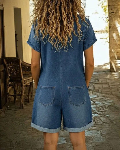 Pagliaccetto Donna in Denim con Bottoni e Tasche Applicate